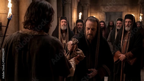 Man receives money bag from religious men in ancient setting, depicting biblical betrayal narrative for passion week.
