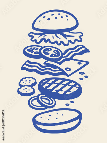 Burger ingredients stack naive hand drawn poster vector illustration