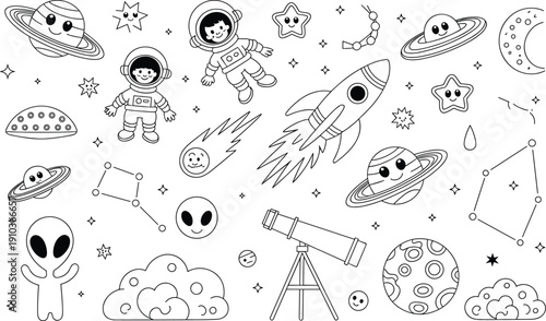 Cute space doodle coloring page with astronauts rocket aliens planets telescope and stars outline vector illustration