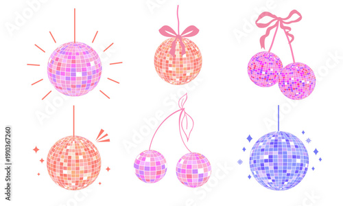 Set Disco ball shiny party mirror glowing party decorations. Y2k cherry with bow, Glossy discoballs in 70s 80s retro style. Party, music, 