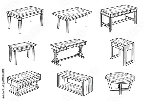 Hand drawn furniture set featuring rustic wooden tables and desks for interior design