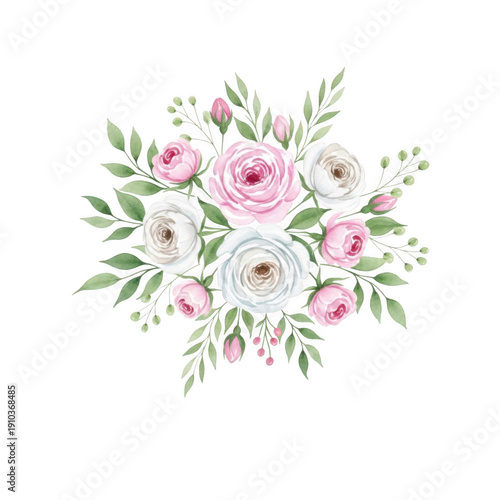 A beautiful bouquet of pink flowers with green leaves and stems isolated on transparent background