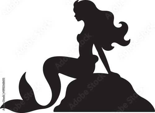 Dark teal silhouette of a mermaid with wavy hair perched on a rock, evoking a sense of mystery and enchantment by the sea.