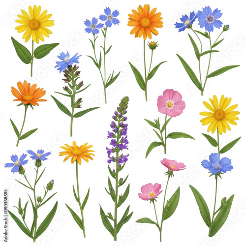 A vibrant collection of various flowers in full bloom, showcasing nature's beauty and diversity. isolated on transparent background