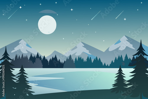A serene nighttime landscape featuring mountains trees and a bright moon