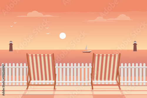 A peaceful beach scene with deck chairs a sailboat and a warm sunset