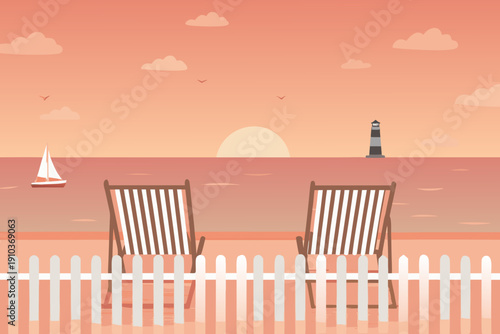 Relaxing beach scene with deck chairs lighthouse and a calm sunset