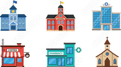 City buildings illustration set with school, hospital, coffee shop, pharmacy, church, and modern office architecture for urban map, education, and infographic design use