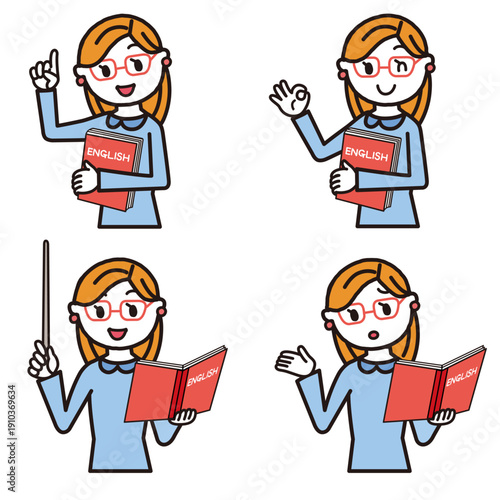 英語を教える女性の先生の色々なポーズ