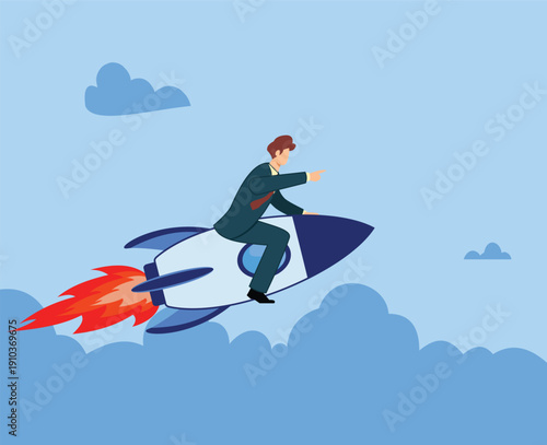 Fast Track to Success – Businessman Riding Rocket Illustration