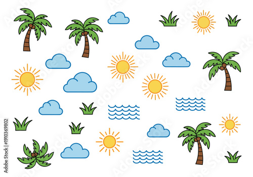 Simple line art summer elements set featuring palm trees, suns, clouds, grass, and waves for seasonal designs