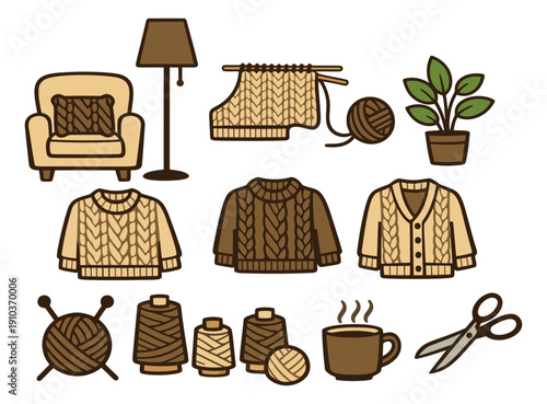 Hand drawn line art cozy craft set featuring sweaters, knitting yarn, an armchair, and a hot cup for seasonal hobby and relaxation