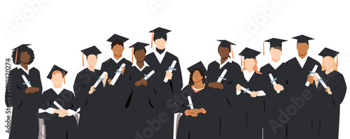 Group of graduated students, wearing academic gowns and graduation caps, holding diplomas.