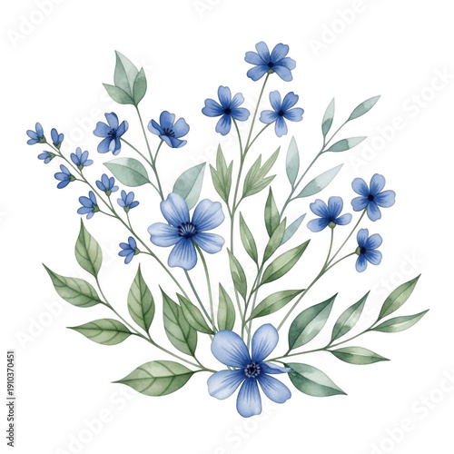 A beautiful bouquet of blue flowers with delicate petals and green leaves isolated on transparent background
