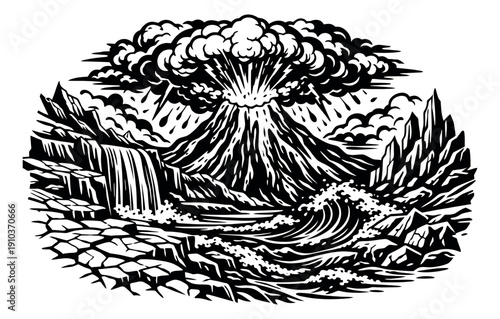 Hand drawn illustration of a volcanic eruption depicting natural disaster for dramatic imagery