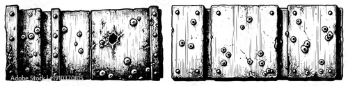 Detailed vintage industrial panels with bullet holes and metal rivets in hand drawn sketch style