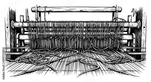 Vintage wooden weaving loom with tangled threads in detailed black and white engraving style