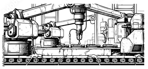 Abandoned industrial robotic arm on conveyor belt overgrown with organic vines in detailed woodcut style