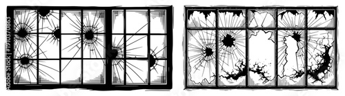 Detailed illustration of broken window glass panels with bullet holes and impact cracks in black and white style
