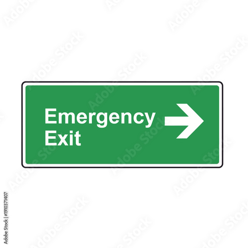 Green Emergency Exit Sign with White Text and Arrow - Safety Direction