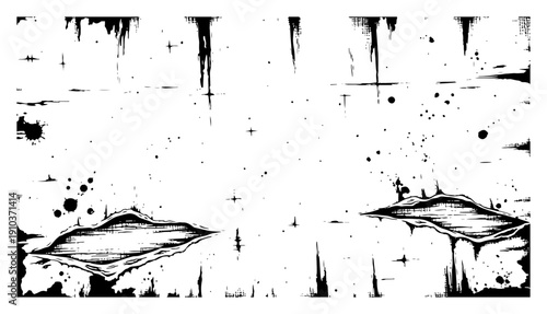 Grungy abstract background with torn paper effects and ink splatters in detailed woodcut style