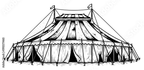 Vintage abandoned circus tent big top illustration in detailed black and white woodcut style