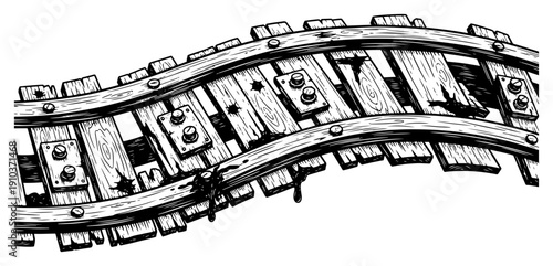 Detailed engraving of curved vintage wooden railway tracks and ties