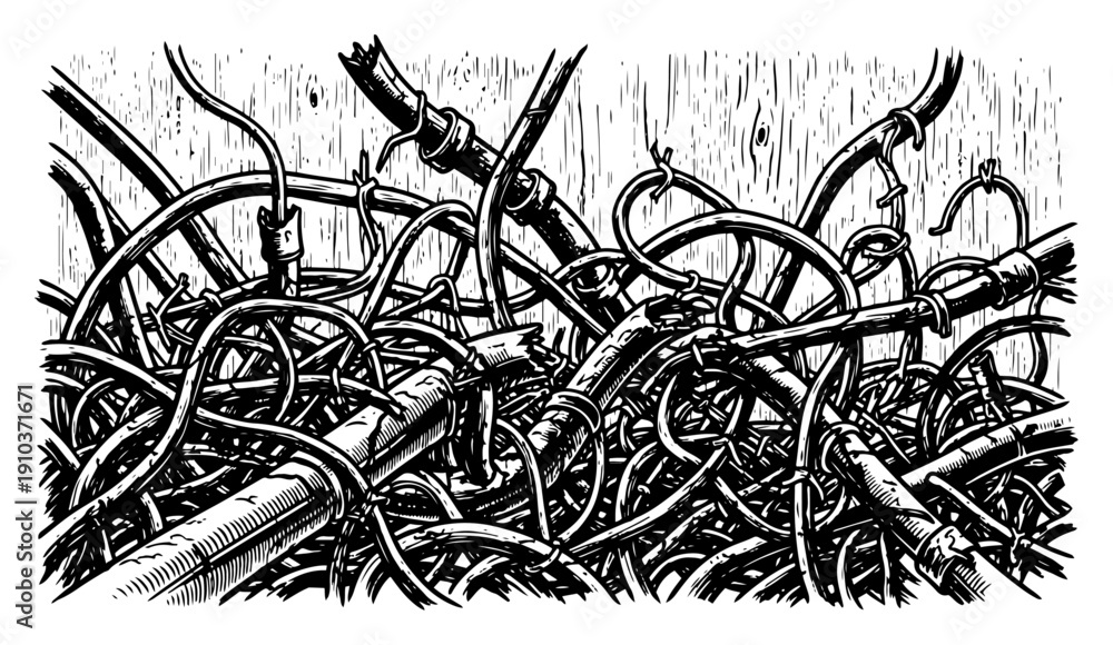 Naklejka premium Tangled pile of industrial wires and pipes in detailed vintage engraving style