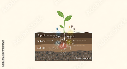 Detailed illustration of a plant's root system and soil layers showing topsoil subsoil and nutrient rich substrate with labeled sections for educational purposes
