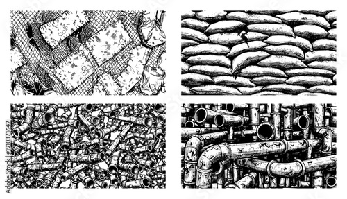 Set of industrial textures including sandbags and metal pipes in detailed woodcut style