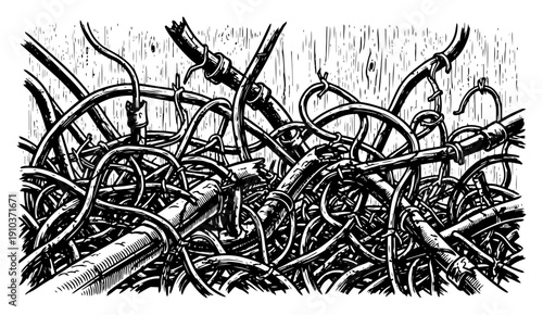 Tangled pile of industrial wires and pipes in detailed vintage engraving style