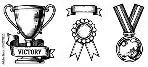 Hand drawn engraving style vector illustration of victory awards including trophy cup winner badge and medal