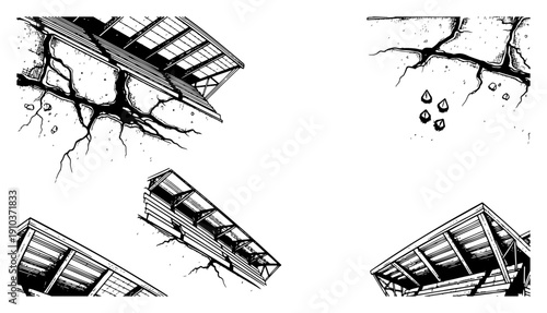 Vintage woodcut style vector illustration of collapsing concrete buildings with deep cracks and falling debris