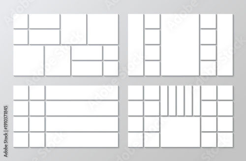 Collage layout collection. Organised portfolio. Set of photo moodboard templates. Mosaic pictures geometric frames. Mood board grid. Album brandboard. Gallery banner. Vector illustration