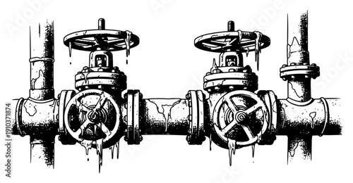 Vintage woodcut style vector illustration of old industrial pipes with valves and dripping icicles