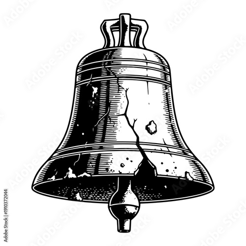 Hand drawn sketch of a large cracked vintage bronze bell with damaged surface