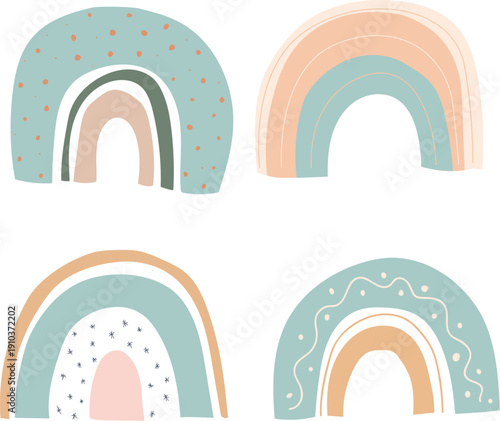 Vibrant rainbow illustrations in bohemian style for kids' decor and design