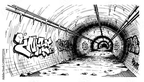 Abandoned underground subway tunnel with graffiti and pipes in detailed woodcut style