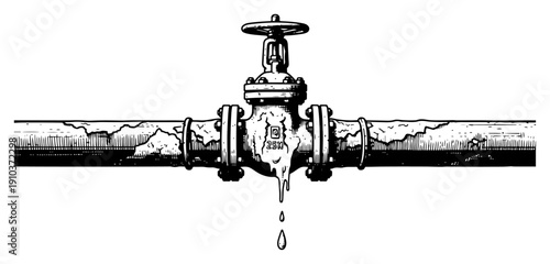 Industrial leaking pipe with large valve in vintage hand drawn engraving style
