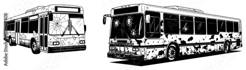 Abandoned city bus with broken windows and rust spots in hand drawn style