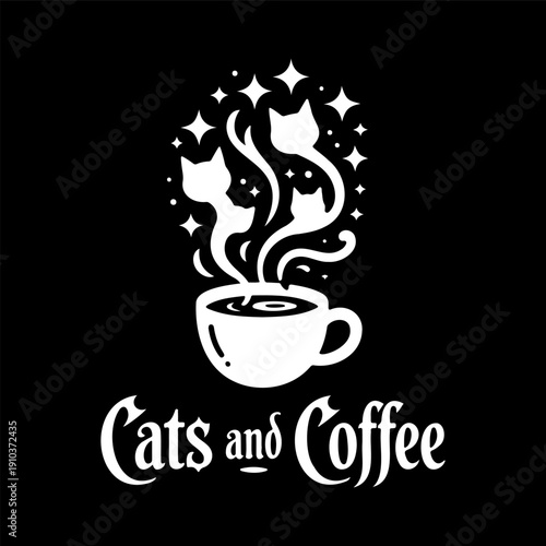 Cats and Coffee Cute Typography Mug Silhouette Black Vector Design