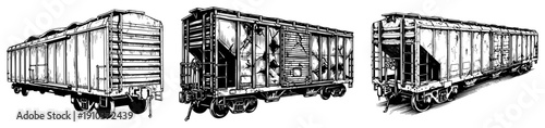 Set of abandoned and damaged railway freight cars in detailed engraving style