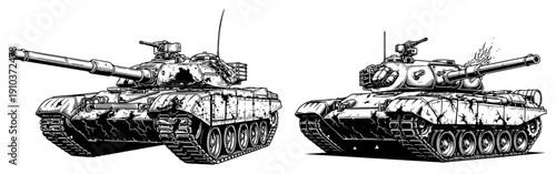 Hand drawn engraving style illustration of heavy military battle tanks in a battlefield setting