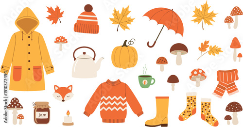 Autumn cozy illustration set with fall clothing, pumpkin, mushrooms, leaves, umbrella, boots, sweater, tea, and seasonal elements for warm hygge designs
