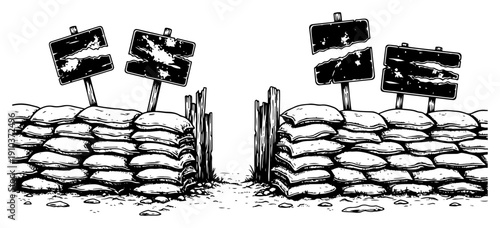 Vintage woodcut style vector illustration of a sandbag fortification with wooden warning signs