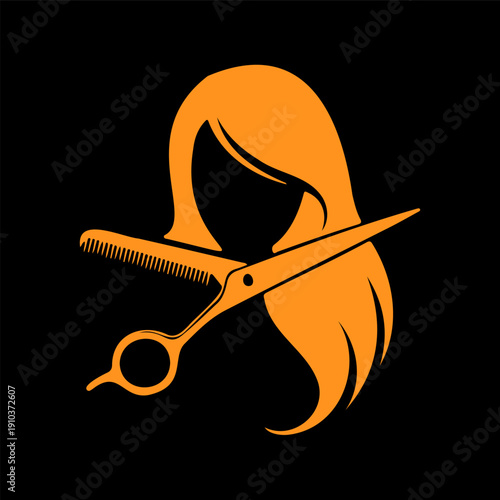 Hair Salon Scissors and Female Silhouette Logo Orange Vector Design