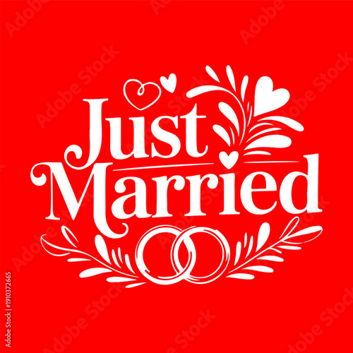 Just Married Wedding Typography with Rings Red Background Vector