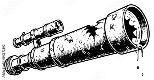 Damaged antique telescope with holes and dripping ink in hand drawn sketch style