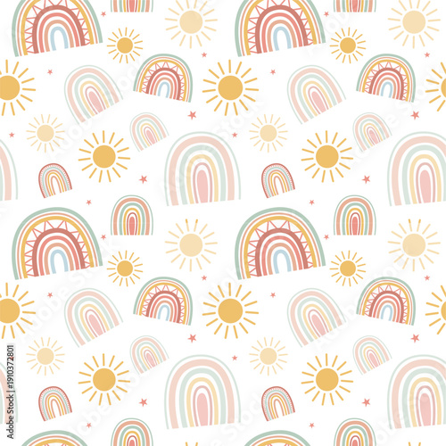 Vibrant rainbow and sun pattern with pastel colors and playful design