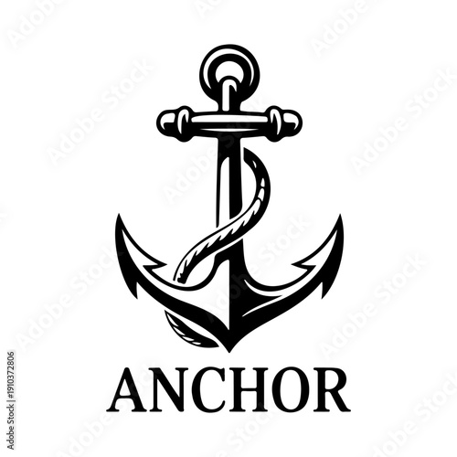 Nautical Anchor with Rope Maritime Black and White Vector Illustration